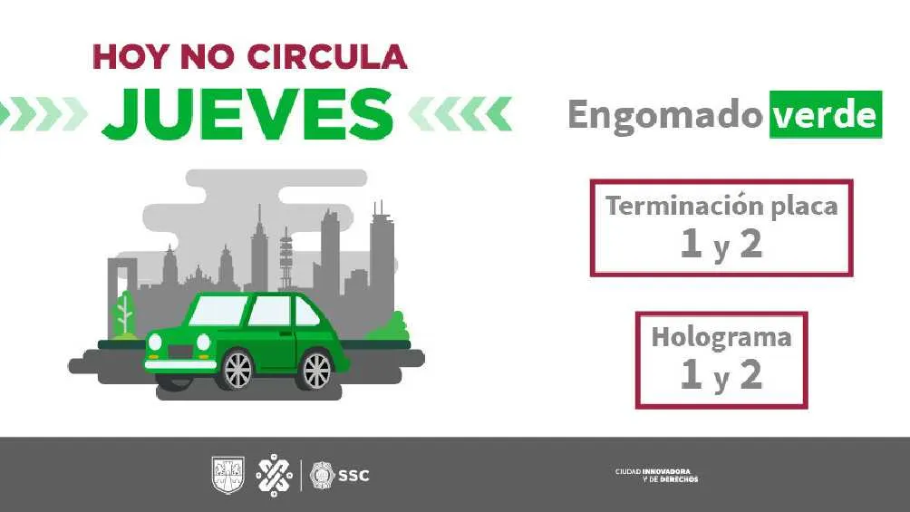 Autos engomado verde, terminación de placas y holograma 1 y 2 no circulan los jueves.