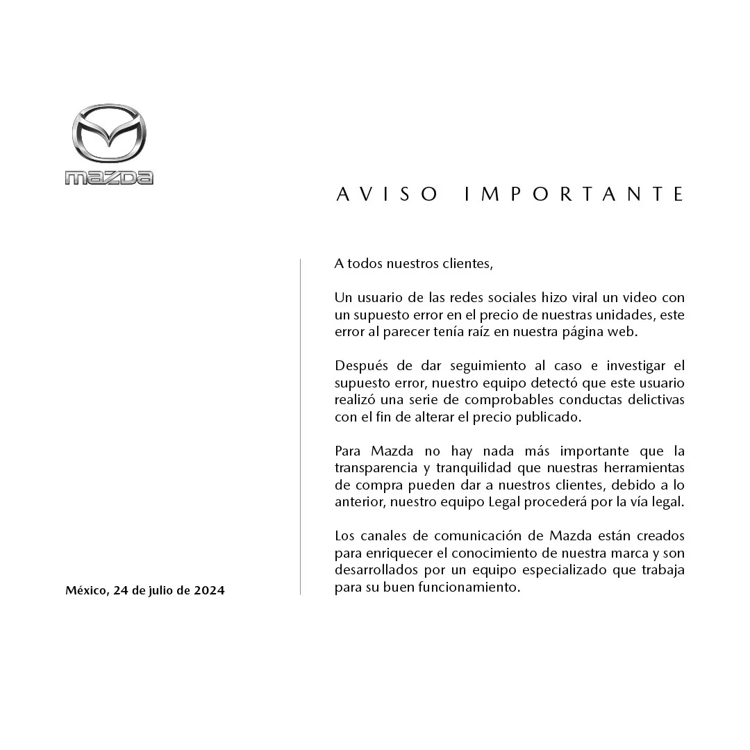 Mazda explica lo que supuestamente sucedió con el comprador.