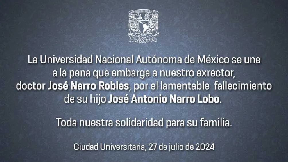 Twitter: @UNAM_MX La UNAM expresó sus condolencias a su exrector José Narro.