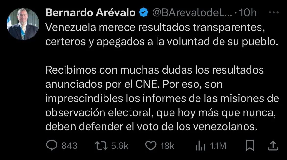 El mandatario de Guatemala expresó sus dudas en el resultad de las elecciones de Venezuela. Foto Captura de pantalla
