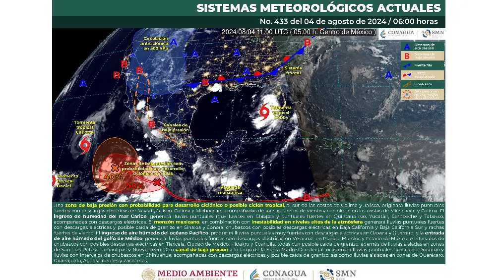 Twitter: @conagua_clima El SMN señala que hay una zona de baja presión en Colima y Jalisco.