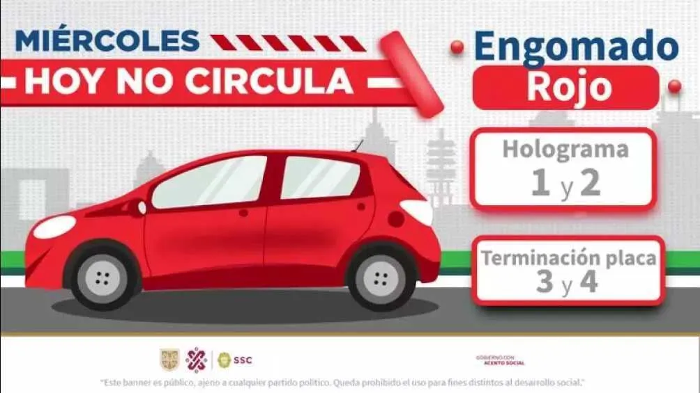 Autos engomado rojo, holograma 1 y 2 con terminación de placas 3 y 4, no circulan los miércoles.