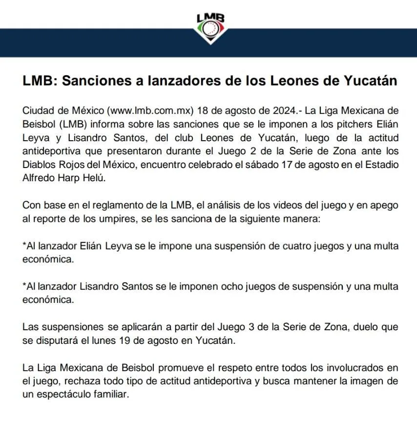 LMB Así fue el comunicado de la liga para anunciar las sanciones
