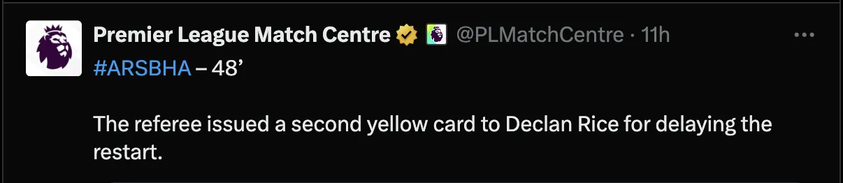 CAPTURA DE PANTALLA El mensaje en redes de la Premier tras la roja a Rice