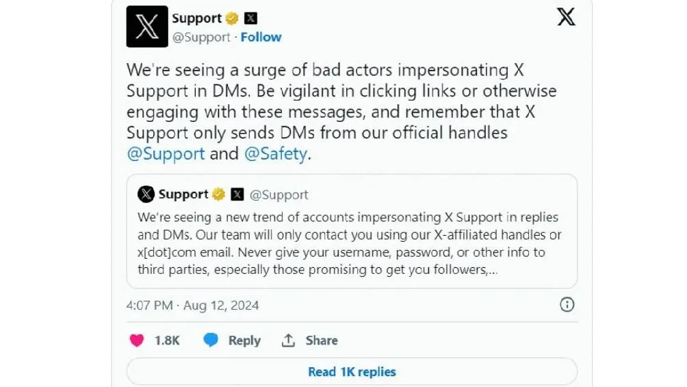 "X" @Support Mediante una publicación la cuenta oficial advirtió sobre el hackeo de cuentas de la red.
