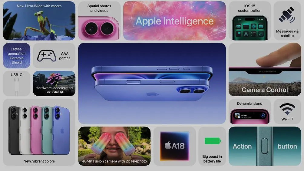 El iPhone 16 cuenta con un vidrio trasero en nuevos colores: Ultramar, Verde Azulado, Rosa, Blanco y Negro, y presenta un Ceramic Shield que es 50% más resistente que la primera generación.