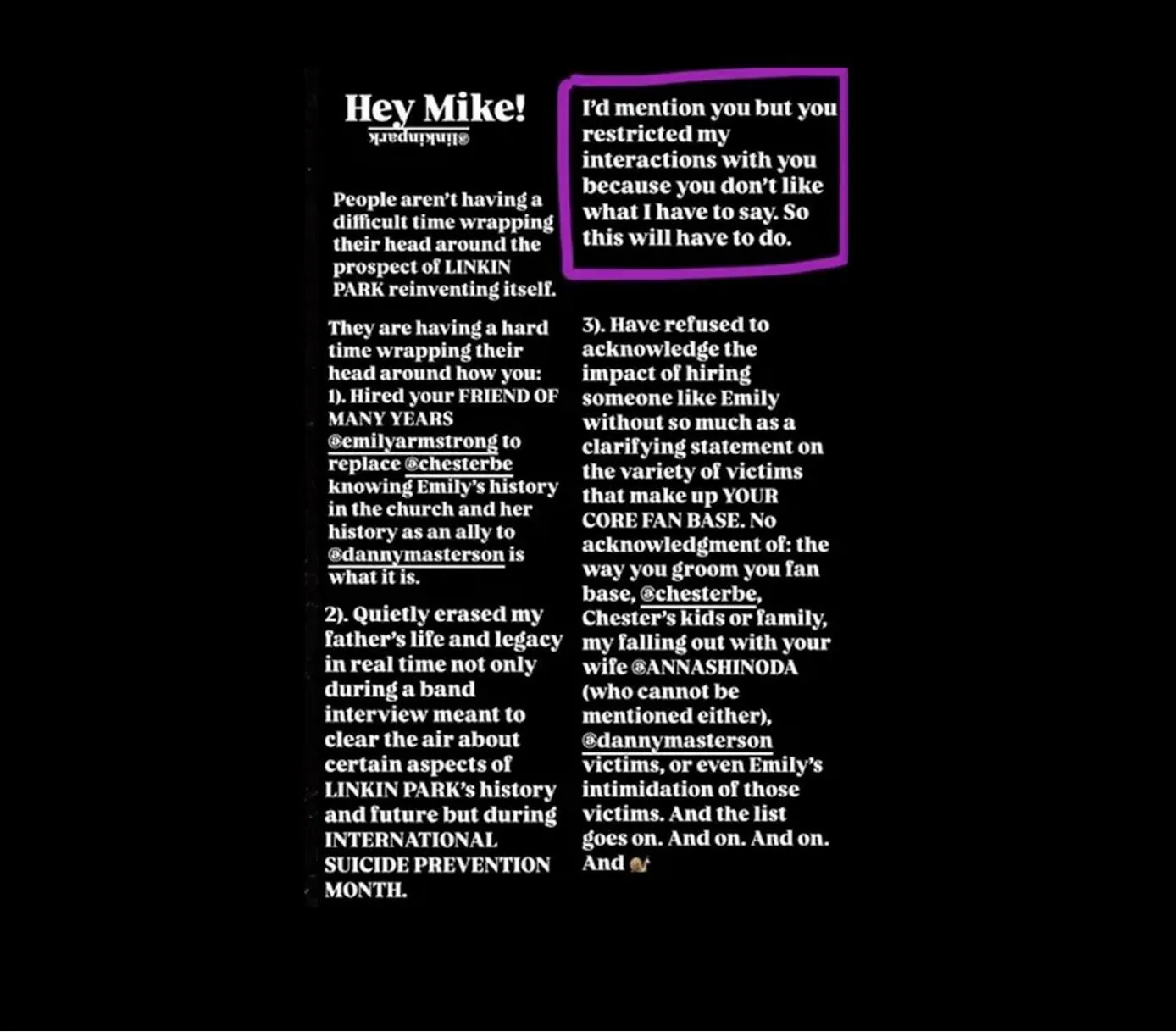 IG Captura de pantalla de la historia de Jamie, arremetiendo en contra de Linkin Park y Emily Armstrong