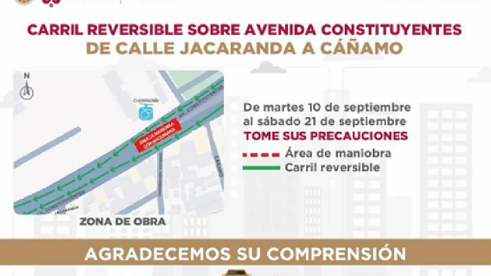 La SOBSE anunció mediante una tarjeta informativa la habilitación del carril reversible en avenida constituyentes,