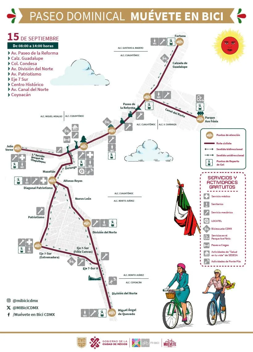 FB: @MueveteEnBiciCDMX Checa las rutas para este domingo 15 de septiembre.