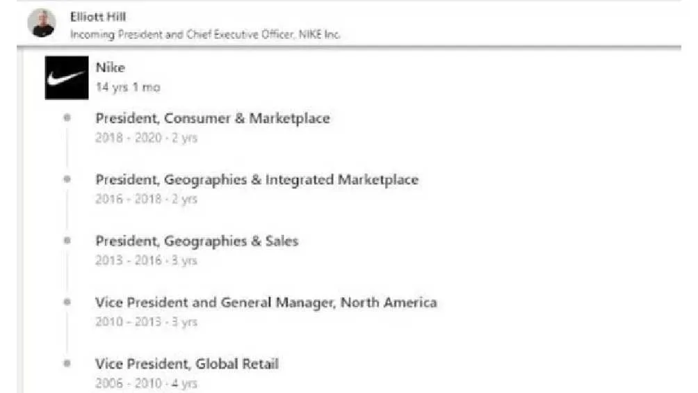 Estos son los cargos que ha tenido Elliott Hill en Nike durante su trayectoria.