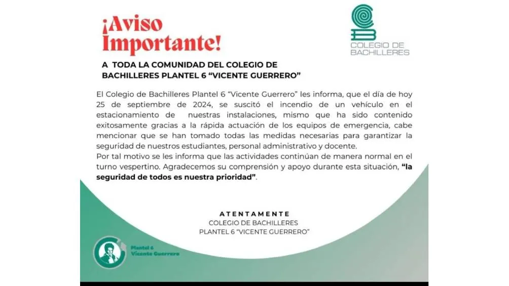 Mediante un comunicado el plantel informó que no hubieron heridos.