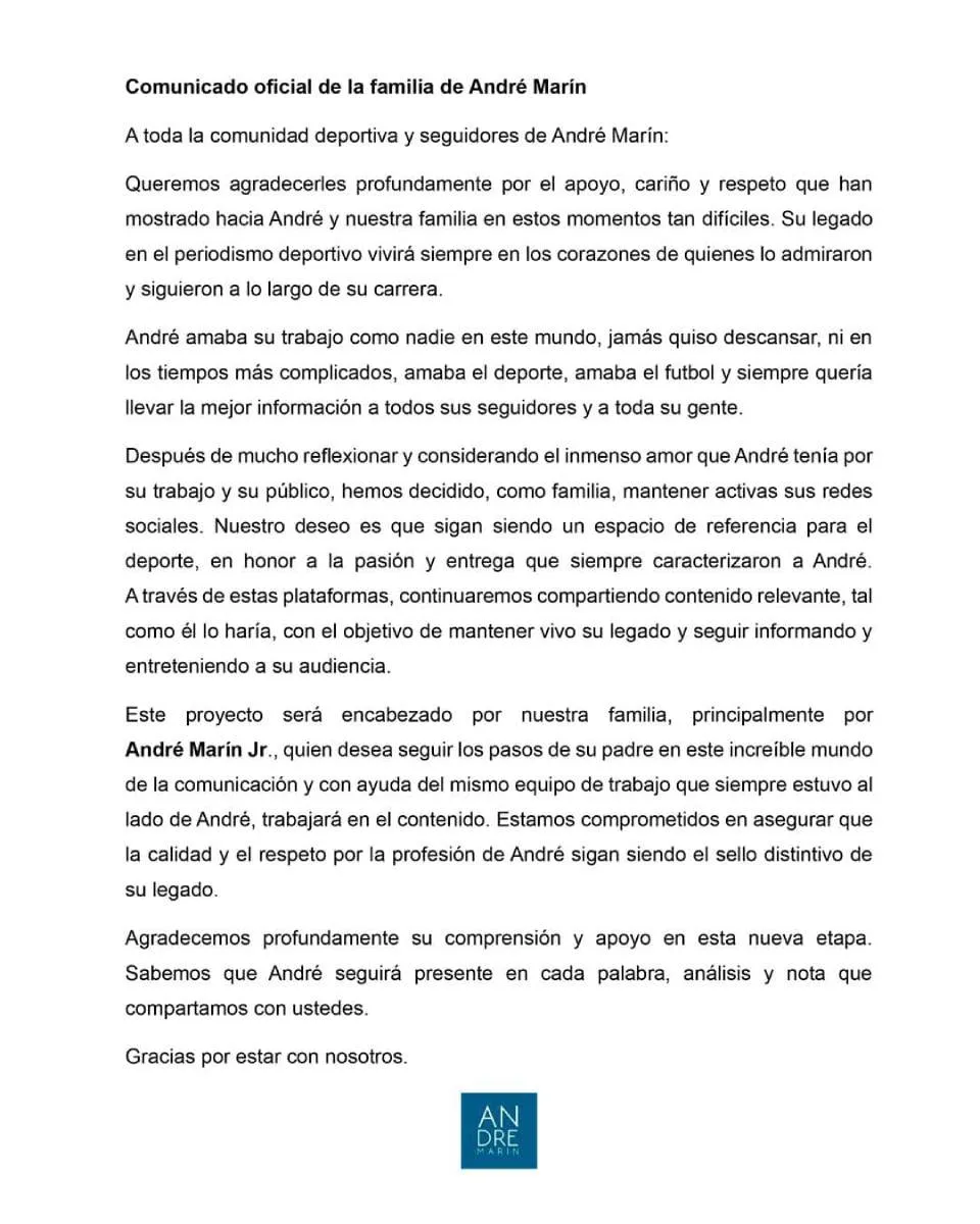 Así fue el comunicado de la familia de André Marín