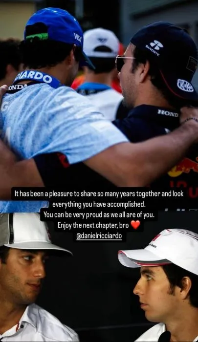 IG @SChecoPerez Mensaje de despedida de Checo Pérez a Daniel Ricciardo
