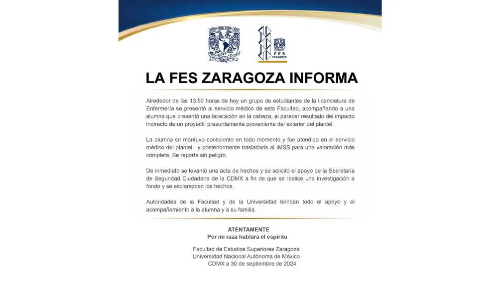 La escuela de la UNAM lanzó un comunicado informado lo que sucedió con su alumna.