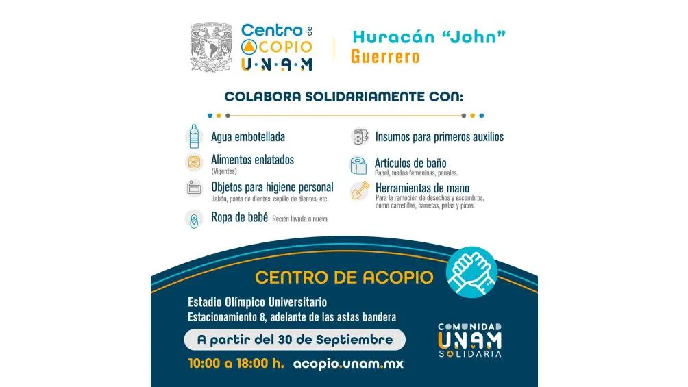 "X" @UNAM_MX UNAM abre centros de acopio para damnificados por huracán "Jhon"