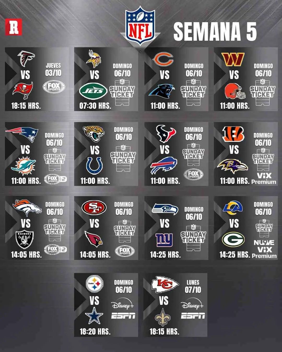 RÉCORD Así se jugará la semana 5 de la NFL