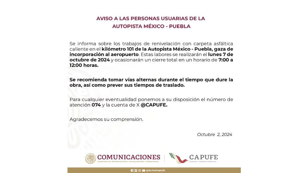 Mediante un comunicado Capufe dio a conocer los detalles del cierre de la autopista.