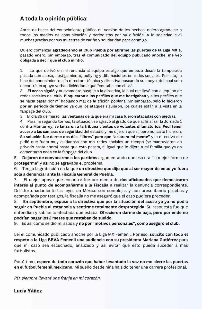 Así fue el comunicado de la jugadora