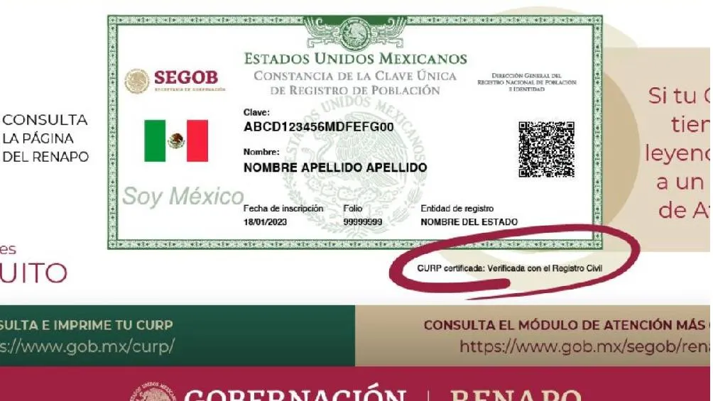 La nueva leyenda en la CURP certificada se puede leer: &quot;CURP certificada: verificada con el registro civil&quot;