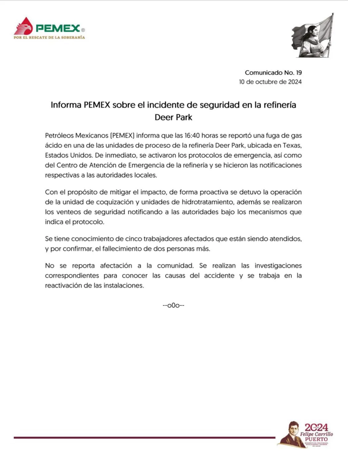 Comunicado oficial de Pemex