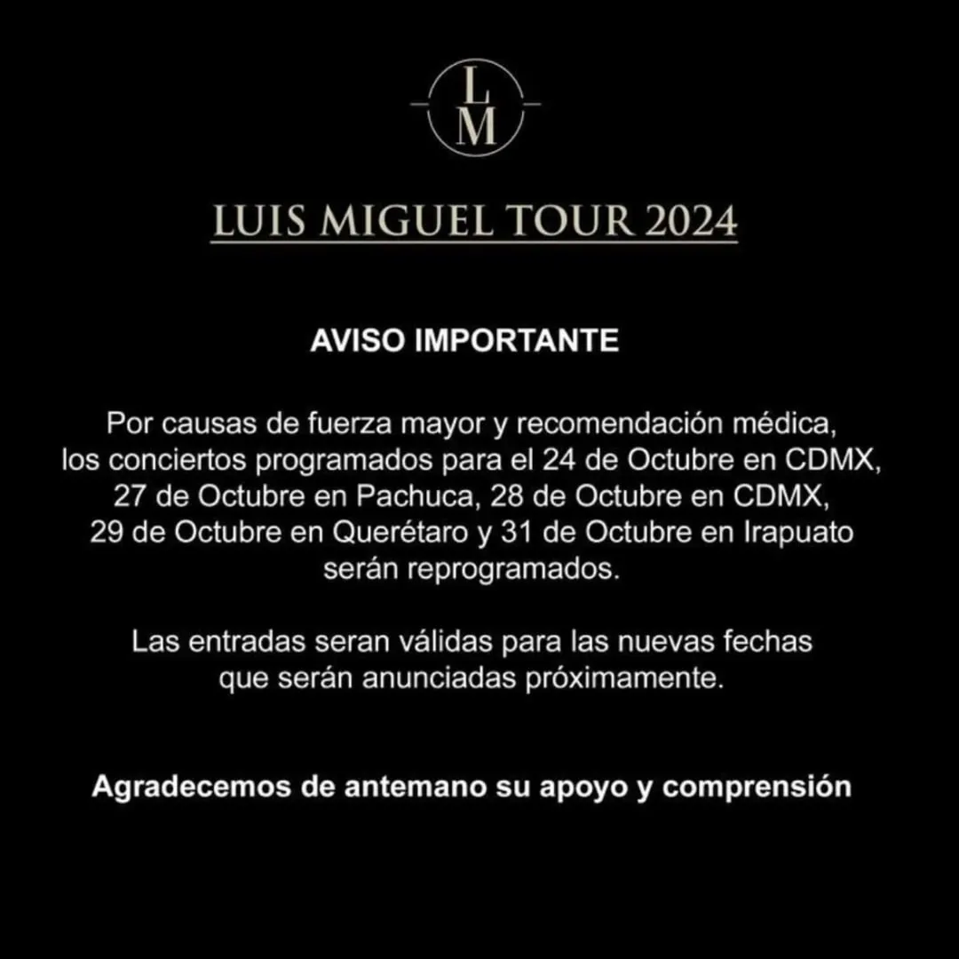 Mediante un comunicado se anunció la cancelación del concierto programado para hoy.