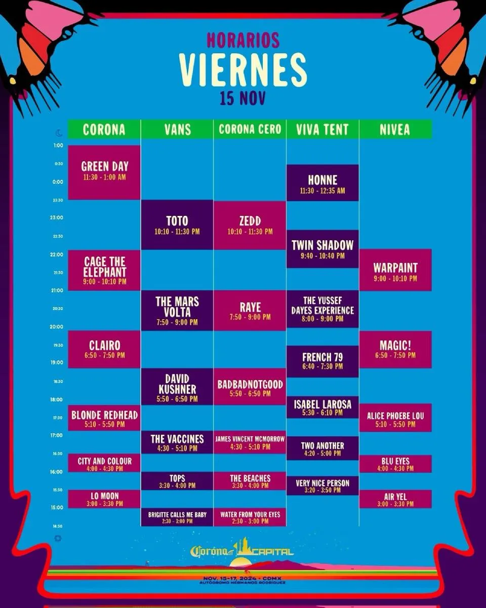 FB: @CoronaCapital Ve organizando la ruta para que disfrutes de la mayor cantidad de bandas.