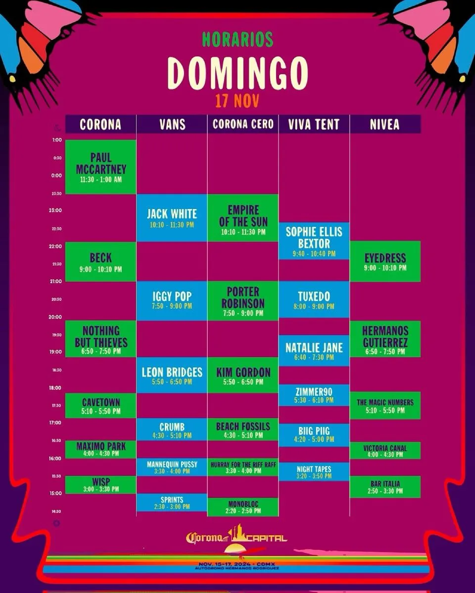 FB: @CoronaCapital Ve organizando la ruta para que disfrutes de la mayor cantidad de bandas.
