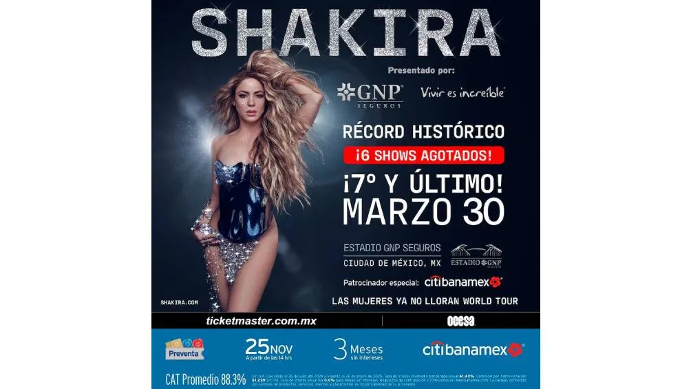 Shakira confirma séptima fecha en Estadio GNP Seguros.