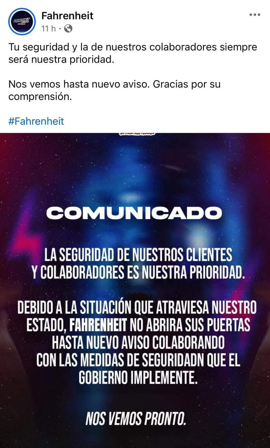 Fahrenheit club nocturno anuncia cierre temporal