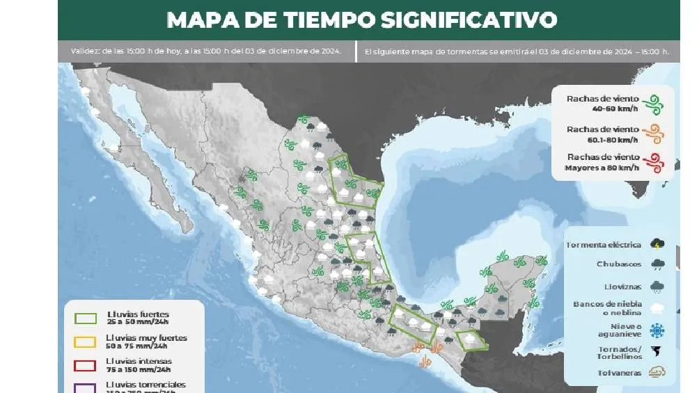 CONAGUA El 3 de diciembre de 2024, un frente frío y un canal de baja presión generarán lluvias significativas en el noreste, oriente y sureste de México