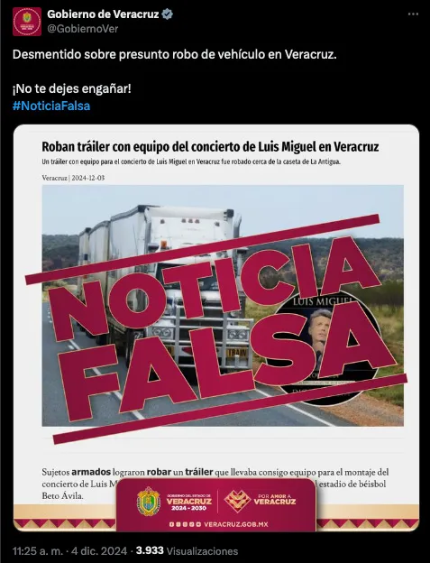 X: @GobiernoVer El Gobierno de Veracruz había negado el robo del equipo.