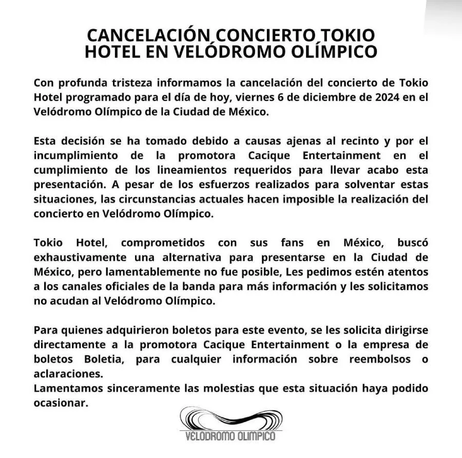 El Velódromo Olímpico explicó el por qué se canceló el show de Tokio Hotel.