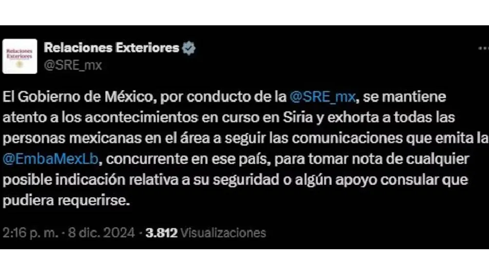 La SRE emitió un comunicado en su red social de &quot;X&quot;.