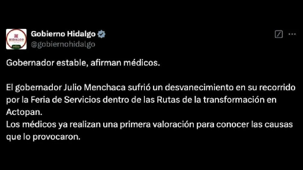 Twitter: @gobiernohidalgo El Gobierno de Hidalgo informó sobre el estado de salud del Gobernador.