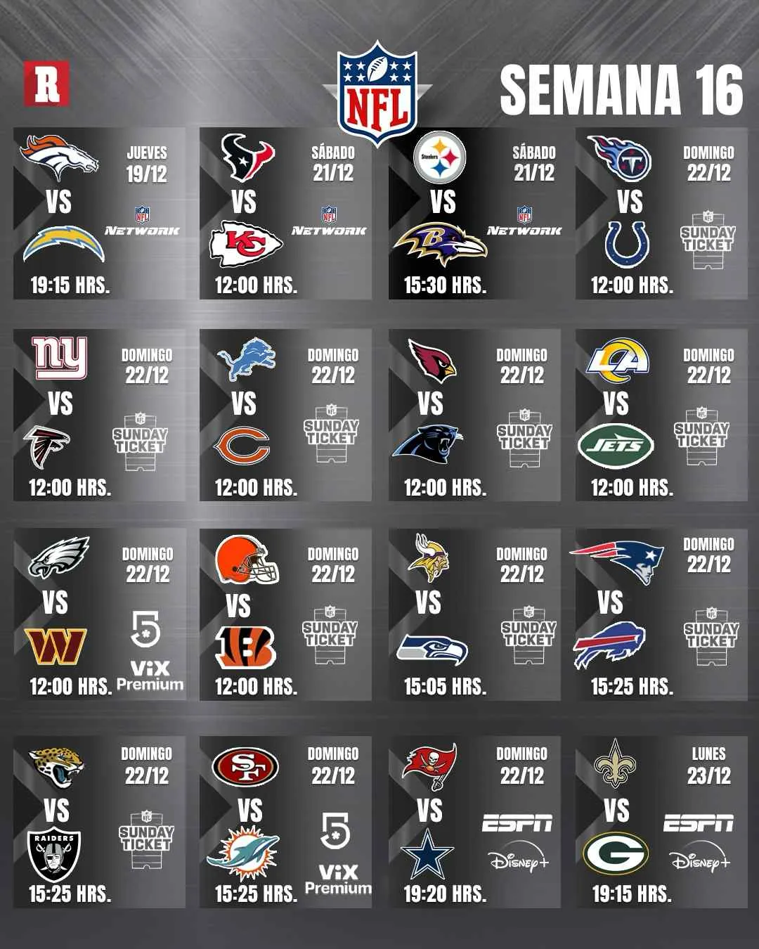 RÉCORD Así se jugará la semana 16 de la NFL