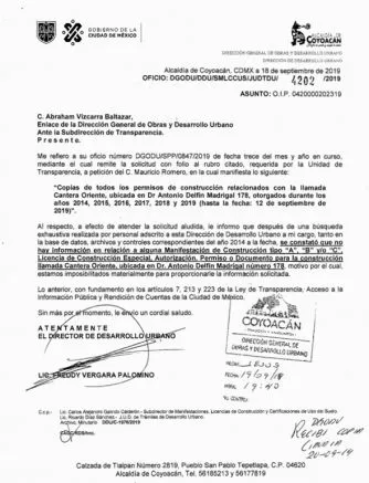 Documento que señala no hay información solicitada