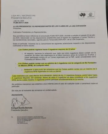 Documento oficial con los cambios al reglamento de la Liga de Expansión