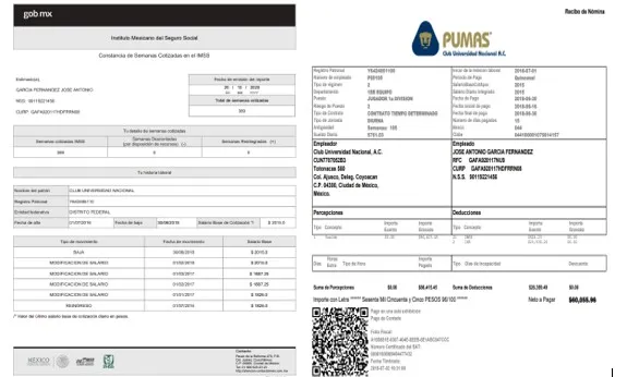 Recibo de pago que le generaba el Club Universidad cada quincena