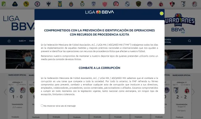 Anuncio en la página de la Liga MX