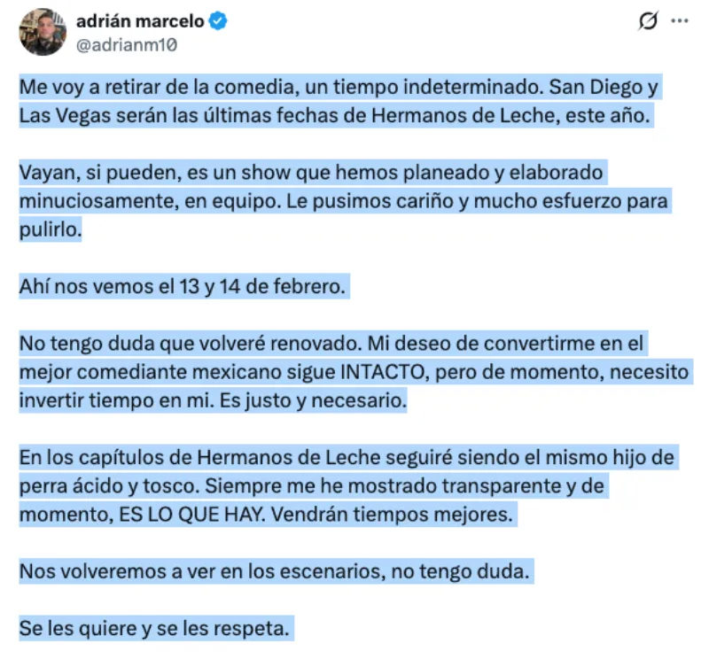 Adrián Marcelo dice que su salud mental está primero / FB: @AdrianMarceloPrimero