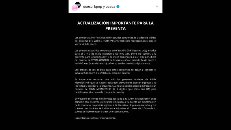 Ocesa dio a conocer ajustes en las fechas de preventa de boletos/Ocesa