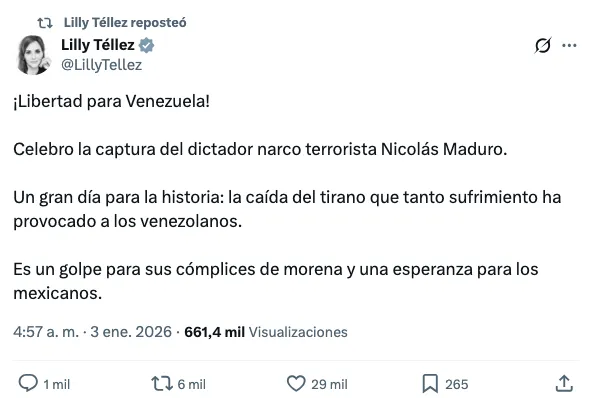 Lilly Téllez, senadora del PAN, celebró la captura del “dictador narco terrorista Nicolás Maduro” y la calificó como “un gran día para la historia”./ Captura de pantalla