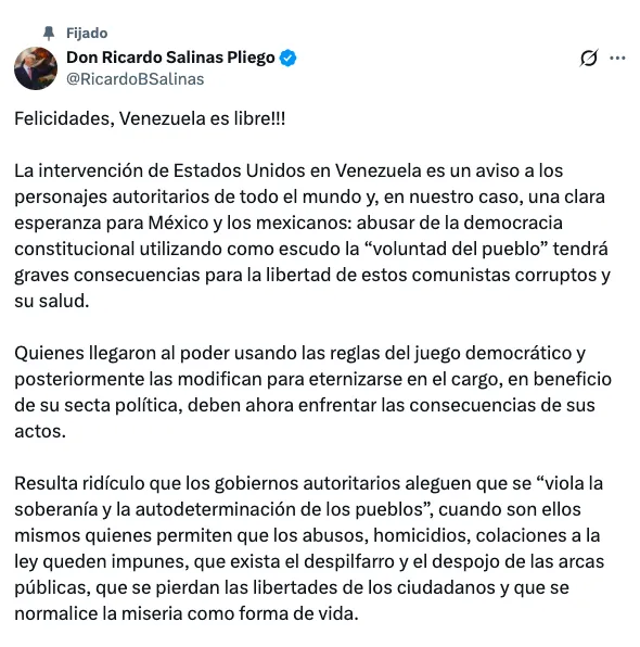 Salinas Pliego celebró la captura de Nicolás Maduro y afirmó que se trata de “una esperanza para México”,/ Captura de pantalla