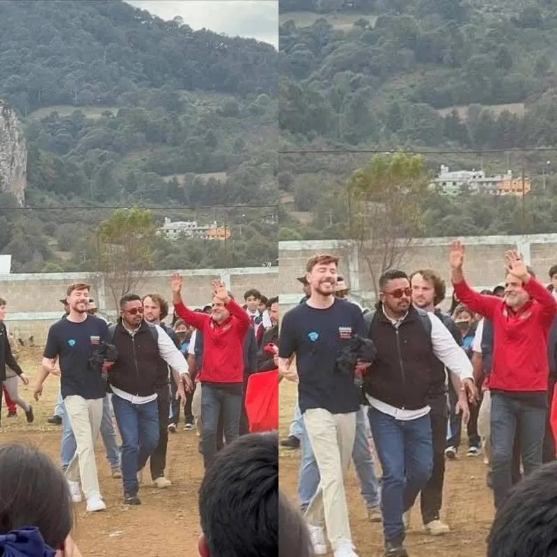 La llegada de Eugenio Derbez y el youtuber MrBeast sorprendió a habitantes de Almoloya de Alquisiras. / RS