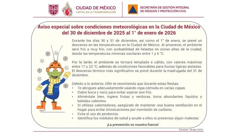 El descenso de temperatura se extenderá del 30 de diciembre al 1 de enero, principalmente durante la madrugada./ X