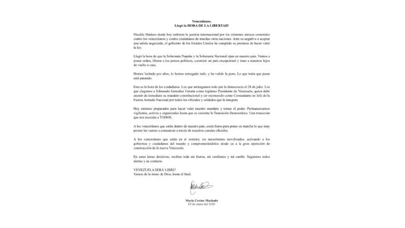 En su comunicado, Machado llamó a tomar el poder y avanzar hacia una transición democrática en Venezuela./ X