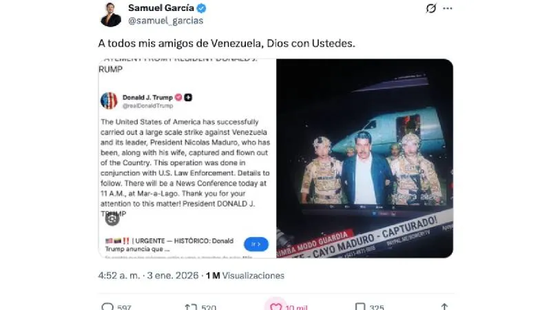El gobernador de Nuevo León, Samuel García, expresó su apoyo al pueblo venezolano tras la captura de Maduro./ Captura de pantalla