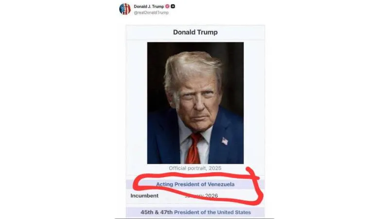 Donald Trump difundió en Truth Social una imagen manipulada en la que se presenta como “presidente en funciones de Venezuela”./ Donald Trump