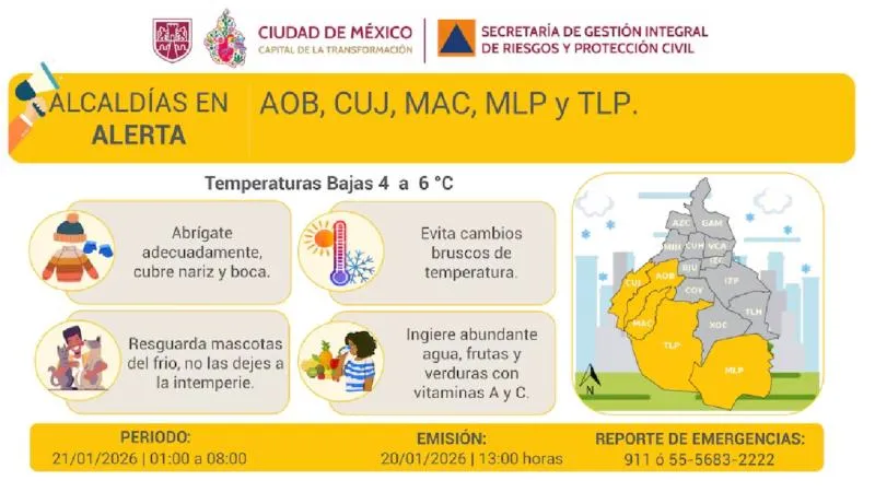 La CDMX activó alerta amarilla por bajas temperaturas para este miércoles 21 de enero./ X
