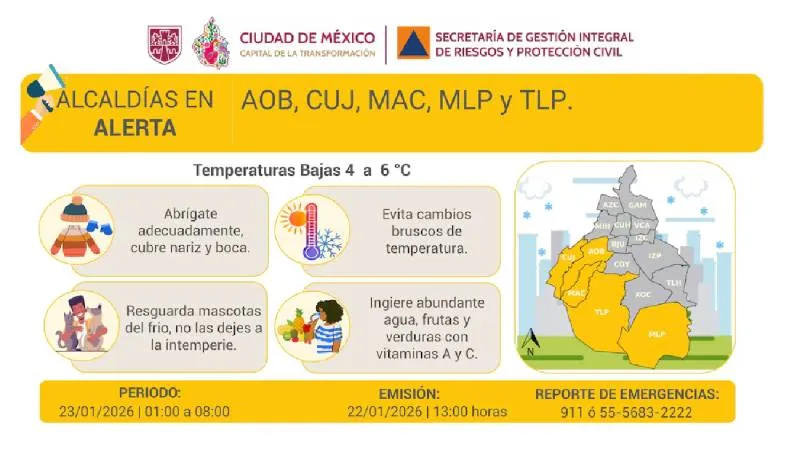 Cinco alcaldías registrarán temperaturas de entre 4 y 6 grados durante la madrugada./ X